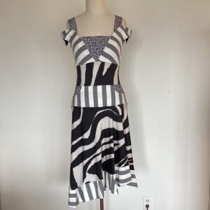 Aimee G asymmetrical knit dress, stripes, zebra print, marked M but fits S